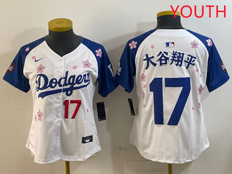Youth Los Angeles Dodgers #17 Ohtani White Blue Sakura Edition 2025 Nike MLB Jersey style 12->youth mlb jersey->Youth Jersey